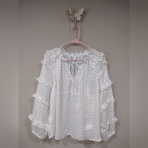 Express Sheer Front Keyhole Mini Dots Ruffles Poet Long Sleeve Romantic Top